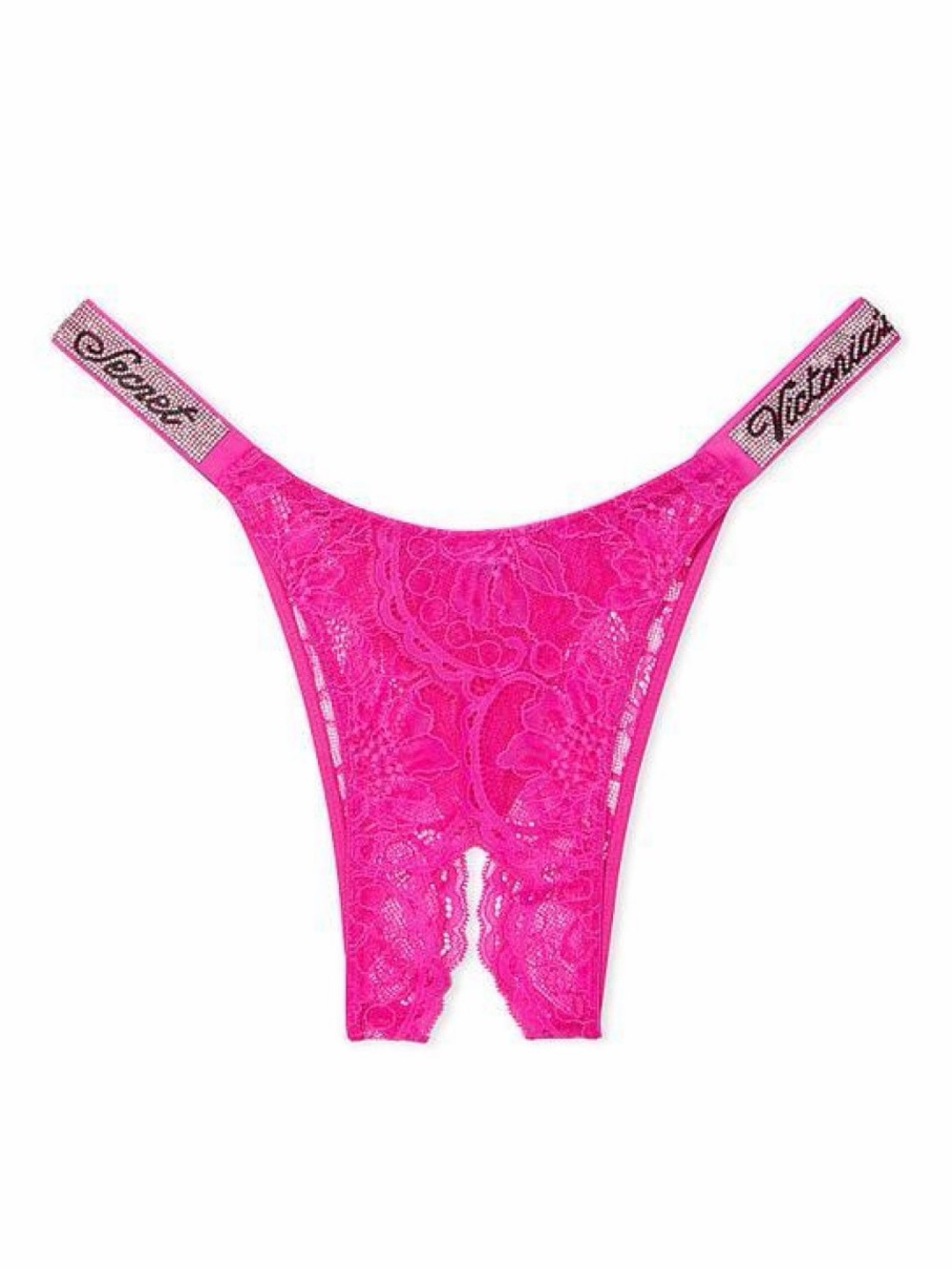 FUSCHIA Victorias Secret Bombshell Heart SHINE Strap Floral Lace OPEN Panty